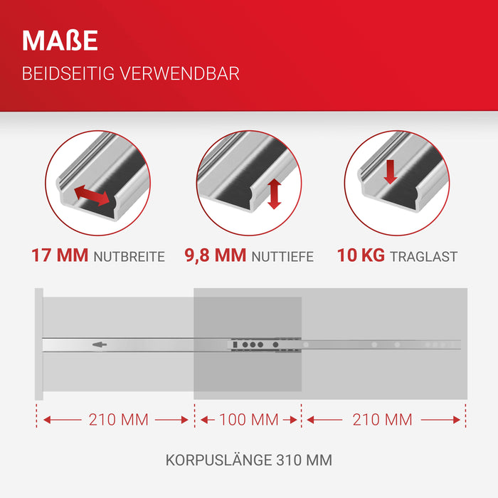 LouMaxx Kugelauszug 2er Set (1 Paar) Schubladenschienen 310 mm 17 mm Nut Schubladenauszug - Schienen für Schubladen - Schubladen Schienensystem