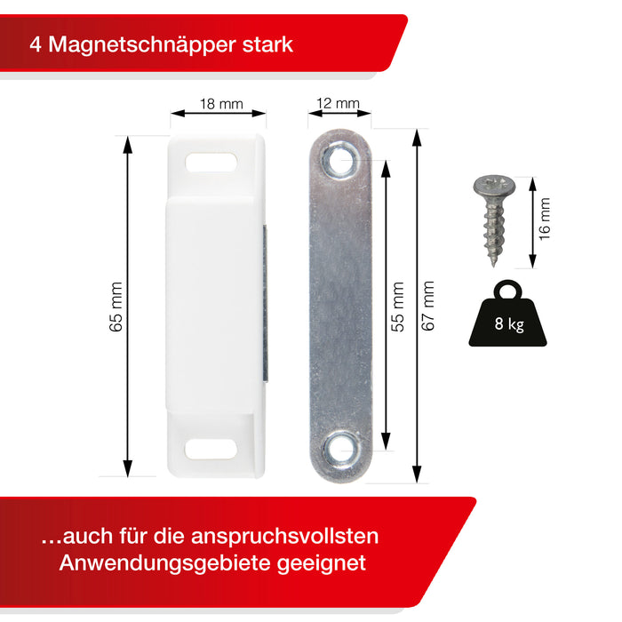 LouMaxx Magnetschnäpper sehr stark - Haltekraft 8kg - 4er Set in weiß – Türmagnet - Magnetverschluss - Tür Magnet - Magnetverschluss Schrank