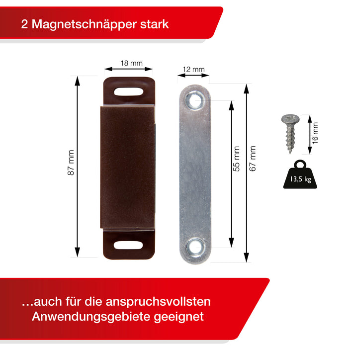 LouMaxx Magnetschnäpper extra stark – Haltekraft 13kg – 2er Set in braun Magnetverschluss – Magnetschloss – Türmagnet – Möbelmagnet – Schranktür