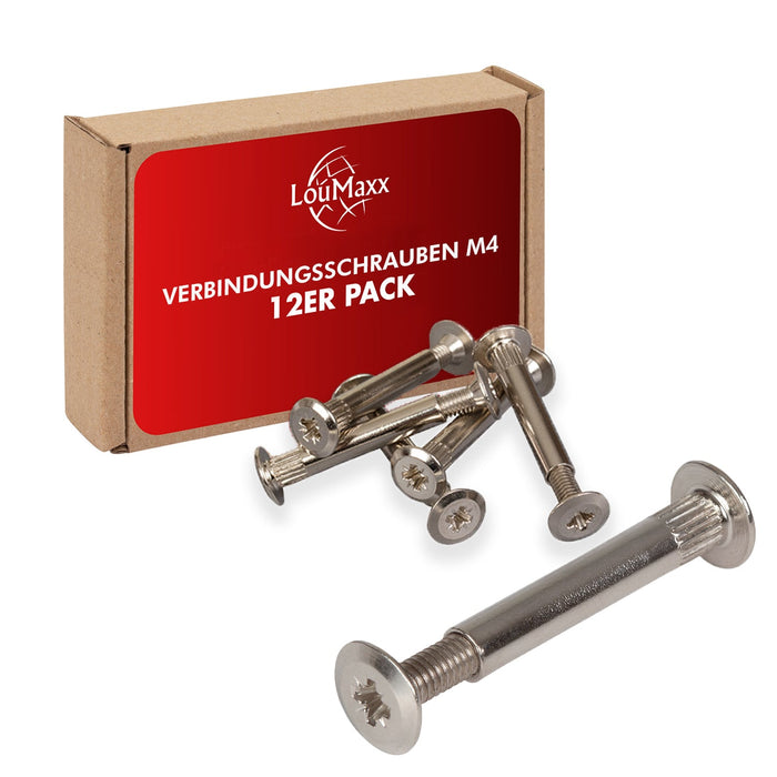 LouMaxx Verbindungsschrauben M4 31-40mm | 12er Set Möbelverbinder Möbelschrauben aus vernickeltem Stahl | Hülsenschrauben M4 Gewinde