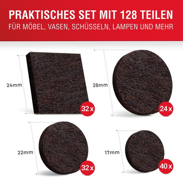 LouMaxx Filzgleiter selbstklebend braun 128er Set (rund & eckig) – Filz selbstklebend - Möbelgleiter  mit hoher Klebkraft