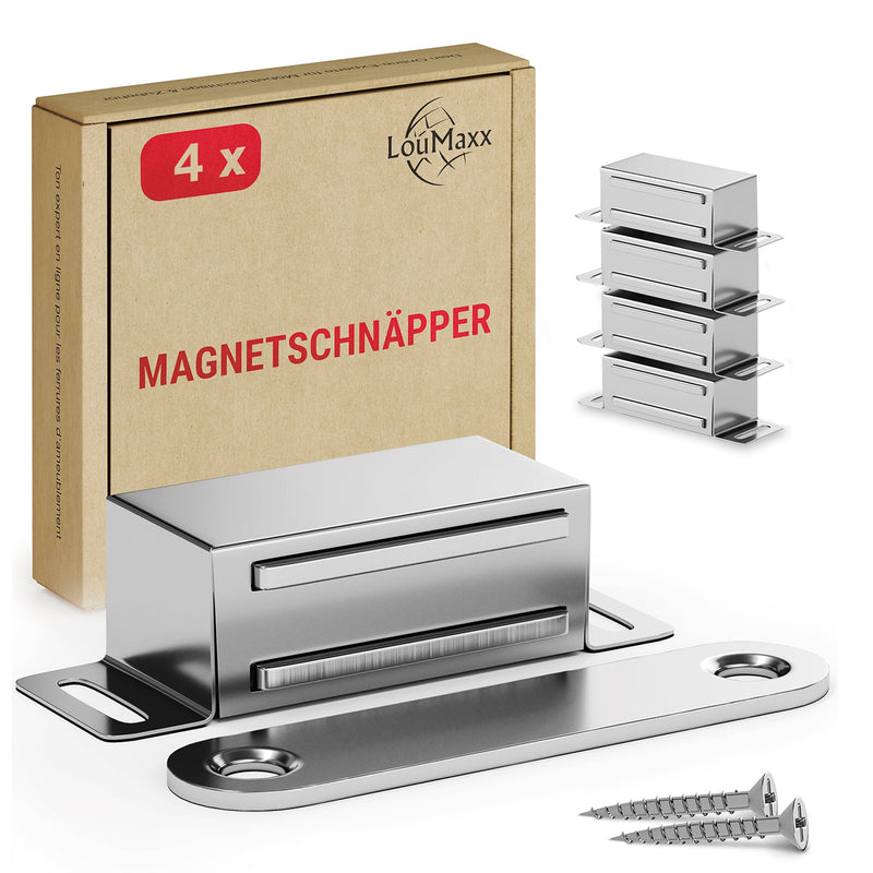 LouMaxx Magnetschnäpper stark - Haltekraft 6kg - 4er Set aus Edelstahl – Türmagnet - Schrankmagnet – Möbelmagnete – Tuer Magnetverschluss Edelstahl– Magnethalter Schranktür für sicheren Halt