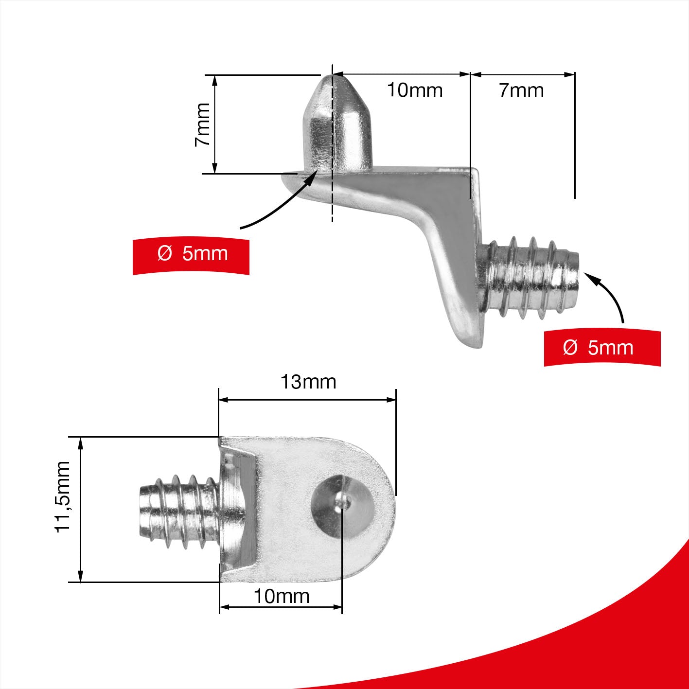 Winkelbodenträger mit Zapfen und Schraube Ø 5mm, 40 pcs