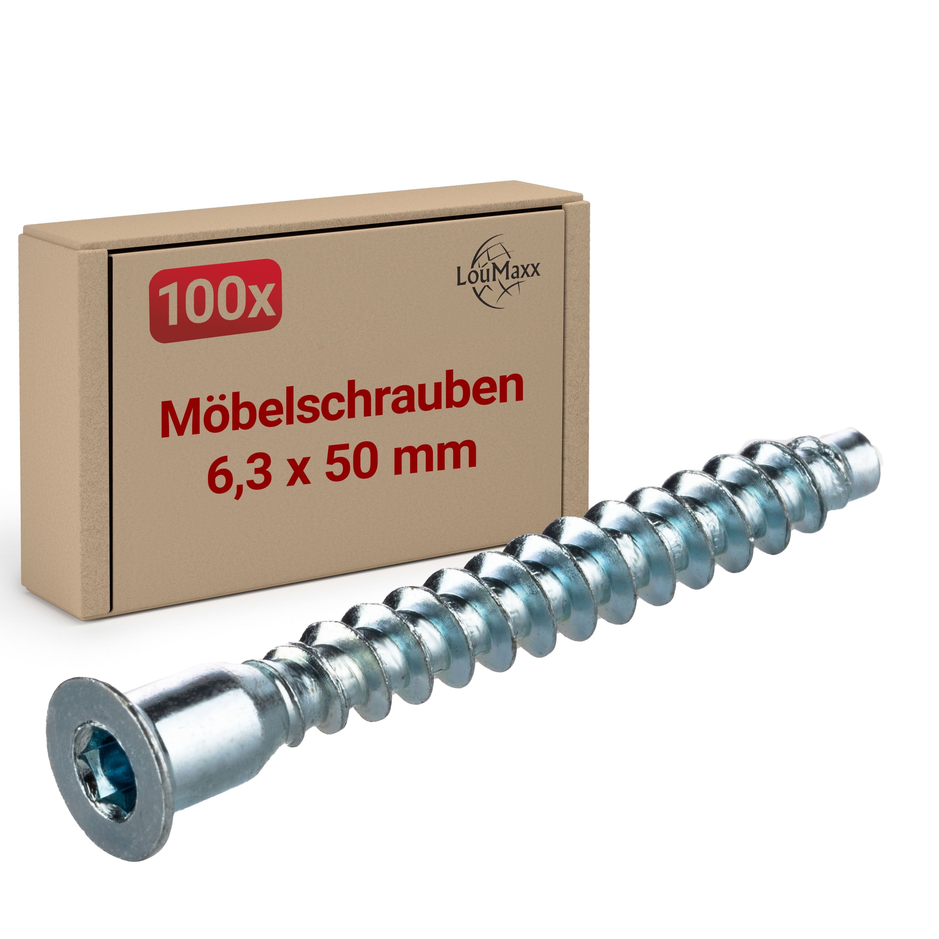 LouMaxx Verbindungsschraube 6,3 x 50 mm | Schrankverbinder Schrauben aus verzinktem Stahl | Confirmat Innensechskant | Möbelschraube mit Senkkopf für eine stabile Verbindung aller Holzbretter