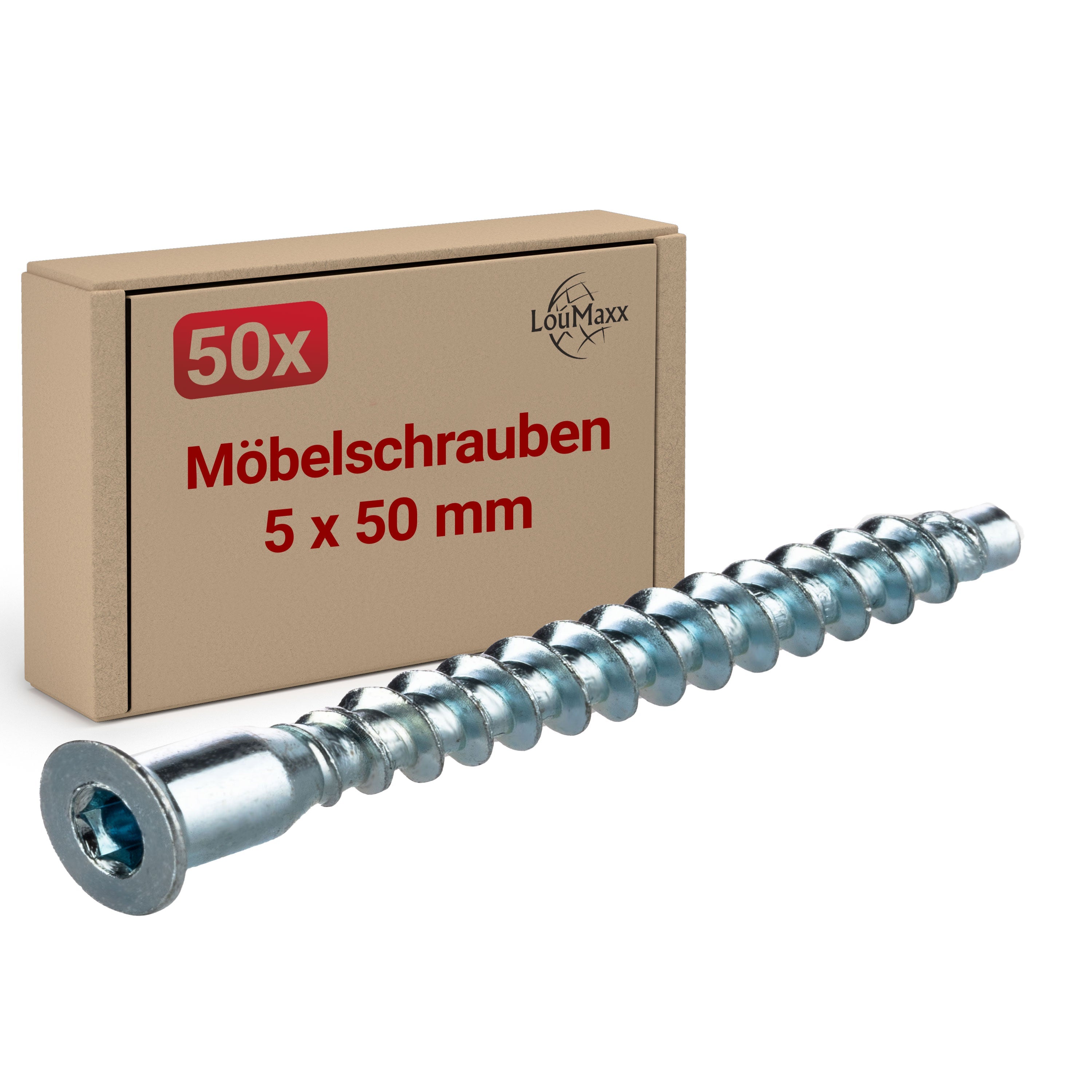 LouMaxx Verbindungsschraube 5 x 50 mm | 50er Set Schrankverbinder Schrauben aus verzinktem Stahl | Confirmat Innensechskant | Möbelschraube mit Senkkopf für eine stabile Verbindung aller Holzbretter