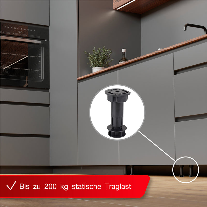 LouMaxx Sockelfüße 4er Set verstellbare Füße Schwarz | Möbelfuß 100-120mm für Küche oder Bad |verstellbare Möbelfüße mit Montagematerial |Möbelfüße höhenverstellbar |stabile Küchenfüße 200kg Tragkraft
