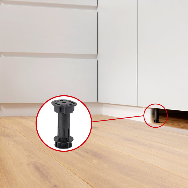 LouMaxx Sockelfüße 4er Set verstellbare Füße Schwarz | Möbelfuß 100-120mm für Küche oder Bad |verstellbare Möbelfüße mit Montagematerial |Möbelfüße höhenverstellbar |stabile Küchenfüße 200kg Tragkraft
