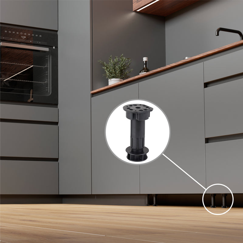 LouMaxx Sockelfüße 4er Set verstellbare Füße Schwarz | Möbelfuß 100-120mm für Küche oder Bad |verstellbare Möbelfüße mit Montagematerial |Möbelfüße höhenverstellbar |stabile Küchenfüße 200kg Tragkraft