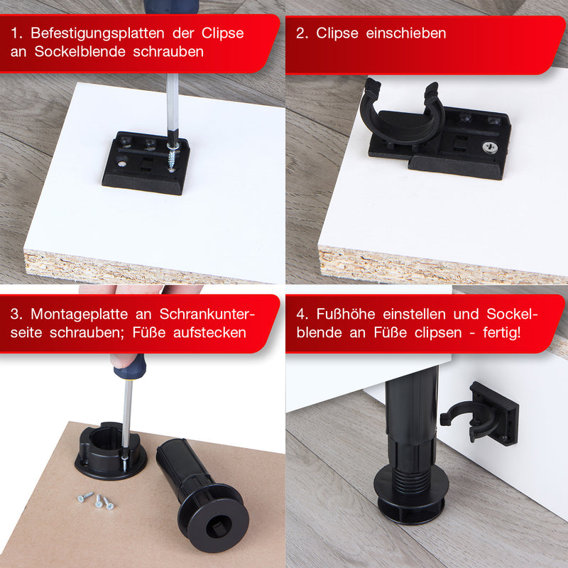 LouMaxx Sockelfüße 4er Set verstellbare Füße Schwarz | Möbelfuß 100-120mm für Küche oder Bad |verstellbare Möbelfüße mit Montagematerial |Möbelfüße höhenverstellbar |stabile Küchenfüße 200kg Tragkraft