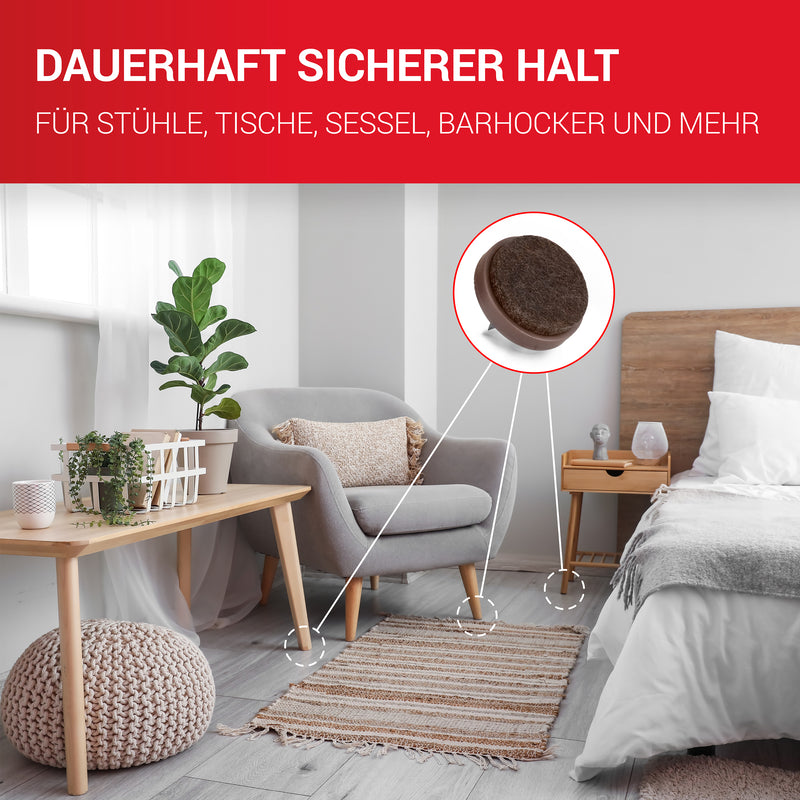 LouMaxx Stuhl Filzgleiter mit Nagel rund, Ø 24mm dunkelbraun - Stuhlgleiter mit 3mm dickem Filz - Filzgleiter für Stühle - Premium Stuhlbeinschoner Filz auch für Möbel 20 Stück