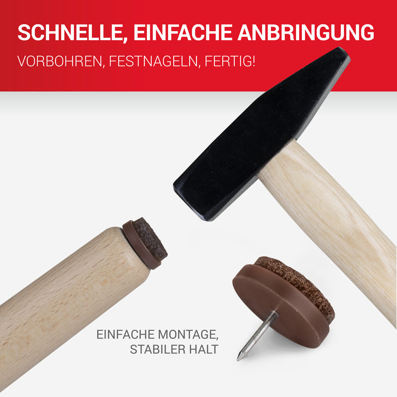 LouMaxx Stuhl Filzgleiter mit Nagel rund, Ø 24mm dunkelbraun - Stuhlgleiter mit 3mm dickem Filz - Filzgleiter für Stühle - Premium Stuhlbeinschoner Filz auch für Möbel 20 Stück