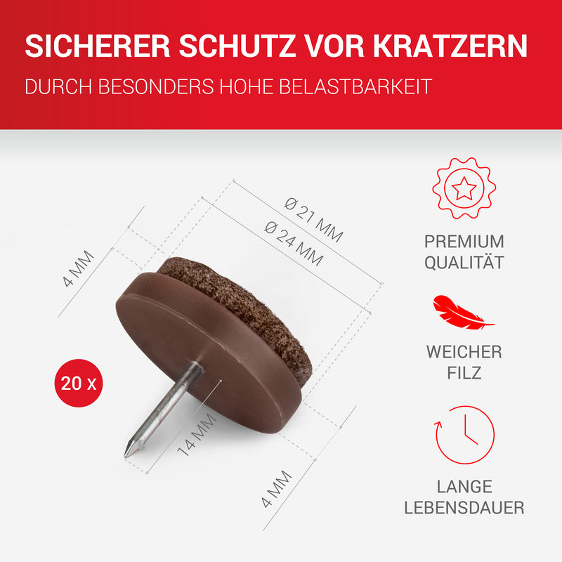 LouMaxx Stuhl Filzgleiter mit Nagel rund, Ø 24mm dunkelbraun - Stuhlgleiter mit 3mm dickem Filz - Filzgleiter für Stühle - Premium Stuhlbeinschoner Filz auch für Möbel 20 Stück