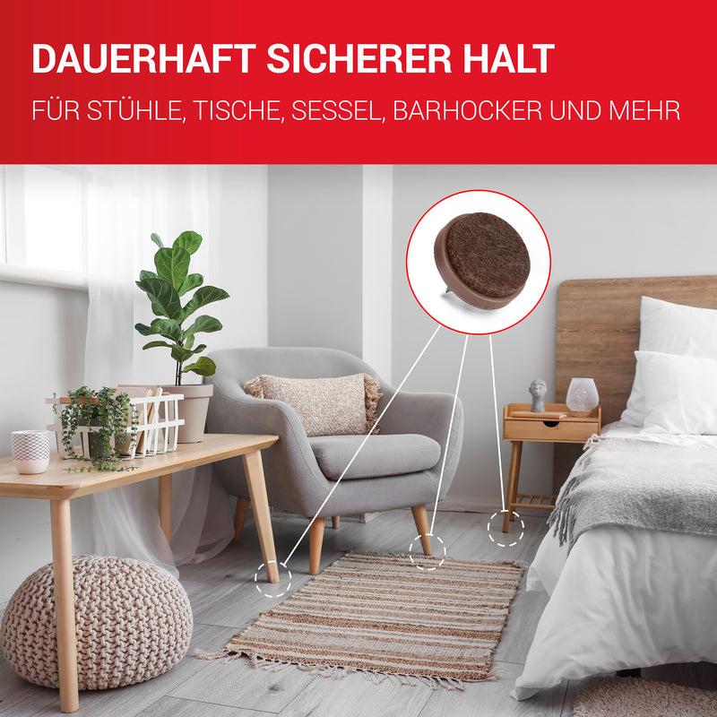 LouMaxx Stuhl Filzgleiter mit Nagel rund, Ø 28 mm dunkelbraun - Stuhlgleiter mit 3mm dickem Filz - Filzgleiter für Stühle - Premium Stuhlbeinschoner Filz auch für Möbel 20 Stück