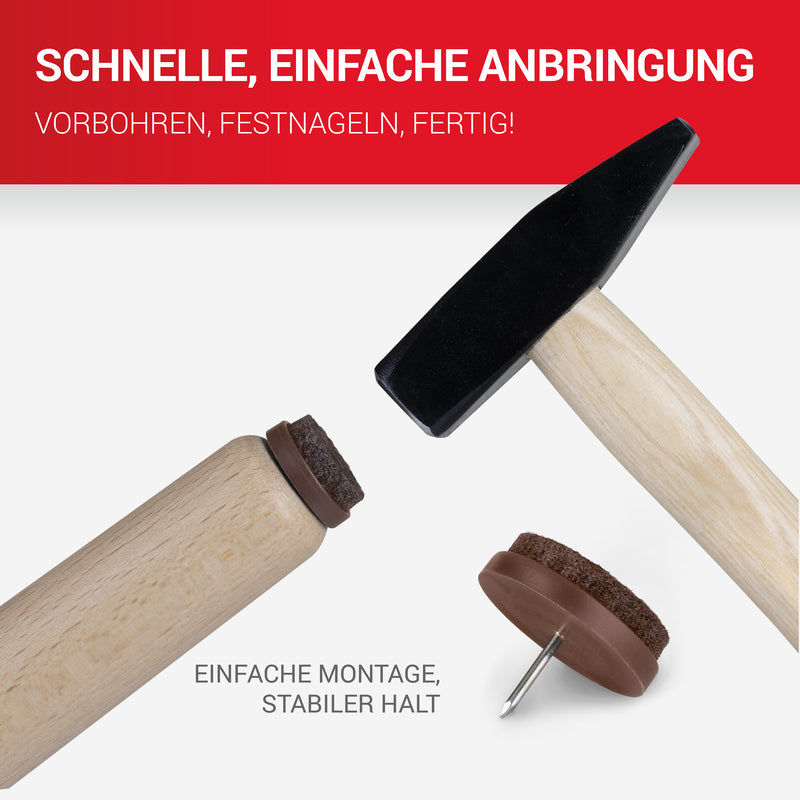 LouMaxx Stuhl Filzgleiter mit Nagel rund, Ø 28 mm dunkelbraun - Stuhlgleiter mit 3mm dickem Filz - Filzgleiter für Stühle - Premium Stuhlbeinschoner Filz auch für Möbel 20 Stück