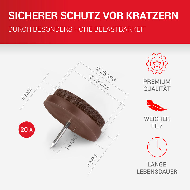 LouMaxx Stuhl Filzgleiter mit Nagel rund, Ø 28 mm dunkelbraun - Stuhlgleiter mit 3mm dickem Filz - Filzgleiter für Stühle - Premium Stuhlbeinschoner Filz auch für Möbel 20 Stück