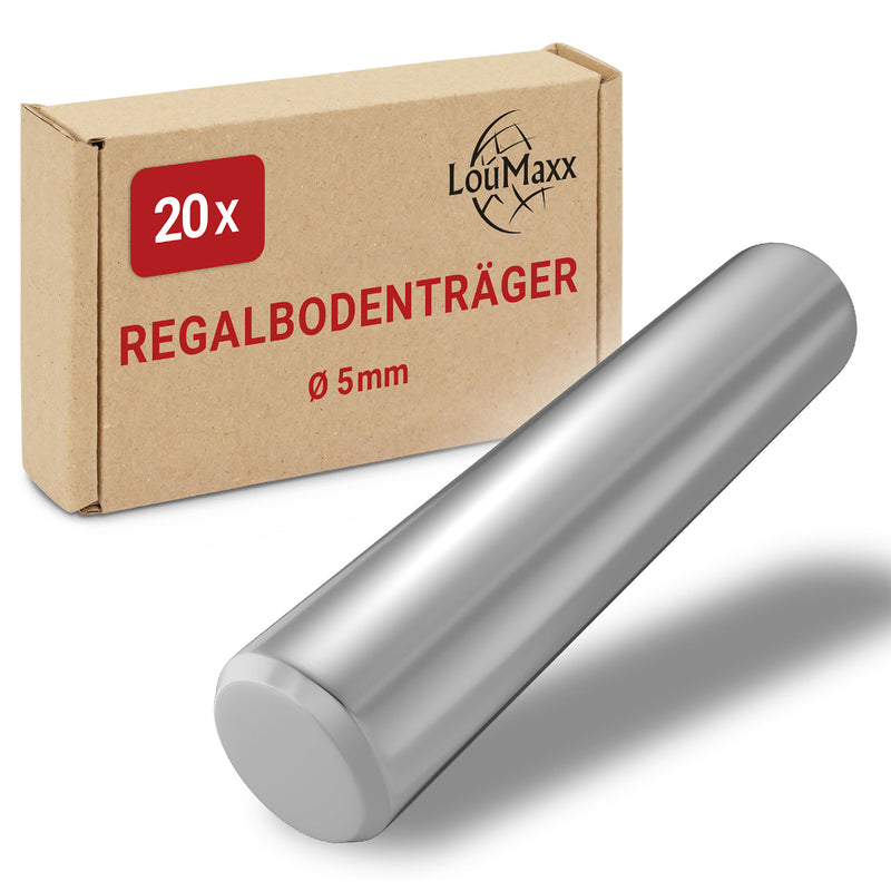 LouMaxx Regalbodenträger 5mm – 20 Stück Einlegeboden Halter – Bodenträger für Einlegeböden – Fachbodenträger vernickelt – Regalbodenhalter – Regalbrett Halterung – Bodenträger 5mm aus massivem Stahl