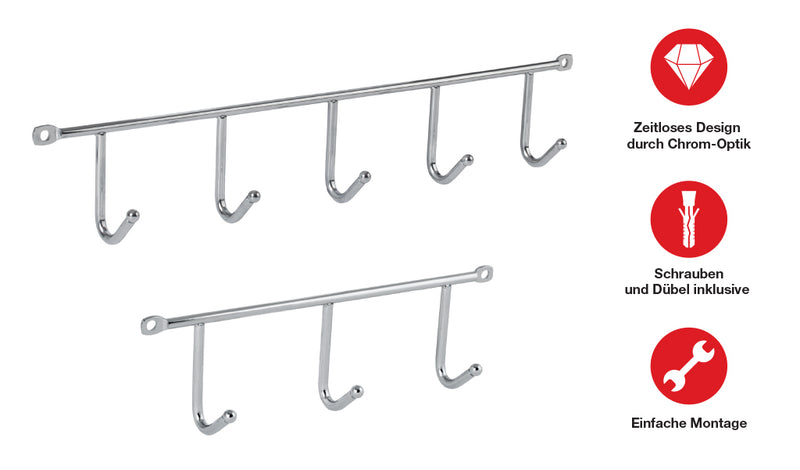 LouMaxx Hakenleiste – Kleiderhaken Wand 2er Set – Gaderobenhakenleiste – optimaler Helfer für Küche, Bad und Garage