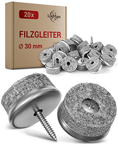 LouMaxx Stuhl Filzgleiter Schrauben Ø 30mm | Stuhlgleiter mit 6mm dickem Filz & Metalleinfassung | Filzgleiter zum Schrauben | Premium Filzgleiter für Stühle und Möbel | 20er Set Bodengleiter in Grau
