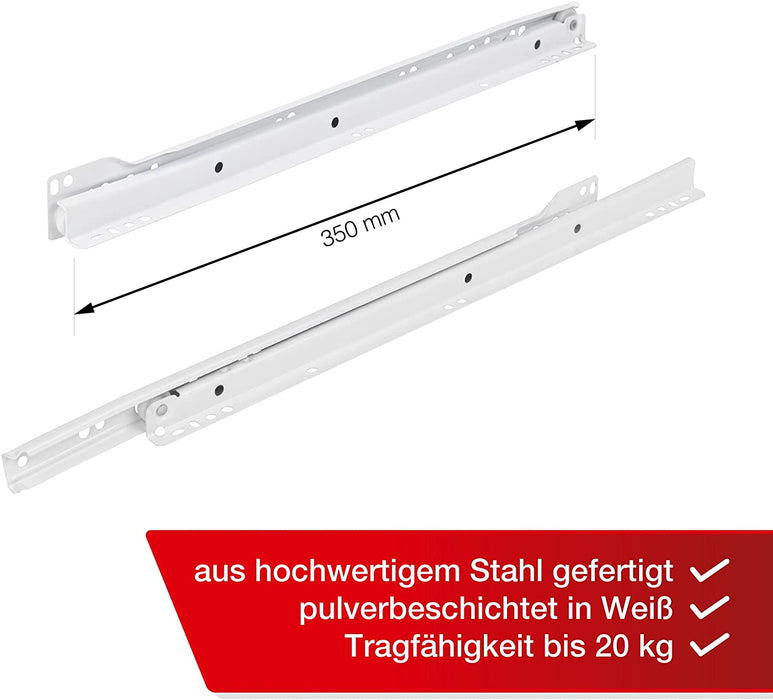 LouMaxx Rollschubführungen 350mm | 2er Set (1 Paar) Schubladenschienen weiß | Schubladen Schienensystem mit Teilauszug | Leichtgängige Schienen