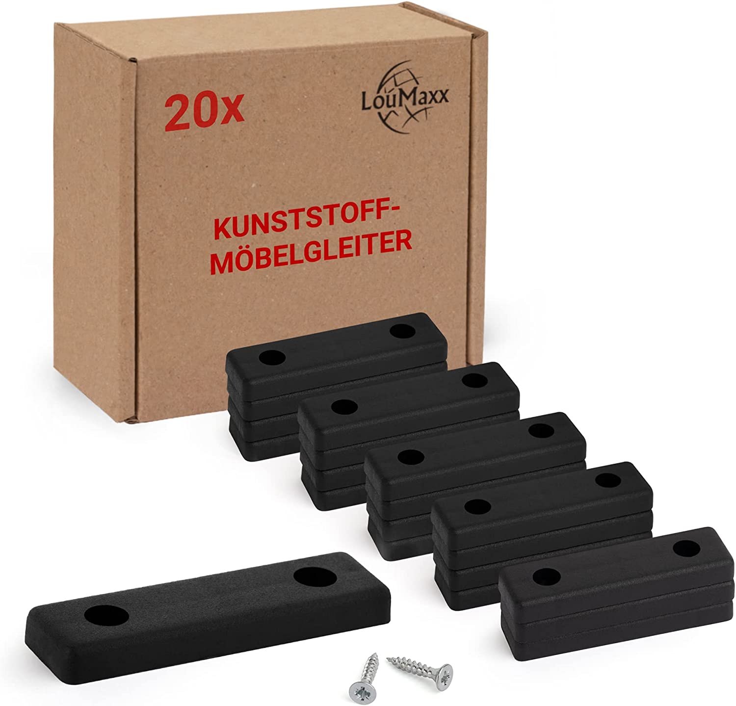 LouMaxx Möbelgleiter Kunststoff – Bodenabstandshalter 50 x 14 x 5 mm – Kunststoffgleiter zum Anschrauben im praktischen Mehrfachpack – 20er Set Mini Möbelfüße schwarz inkl. Schrauben