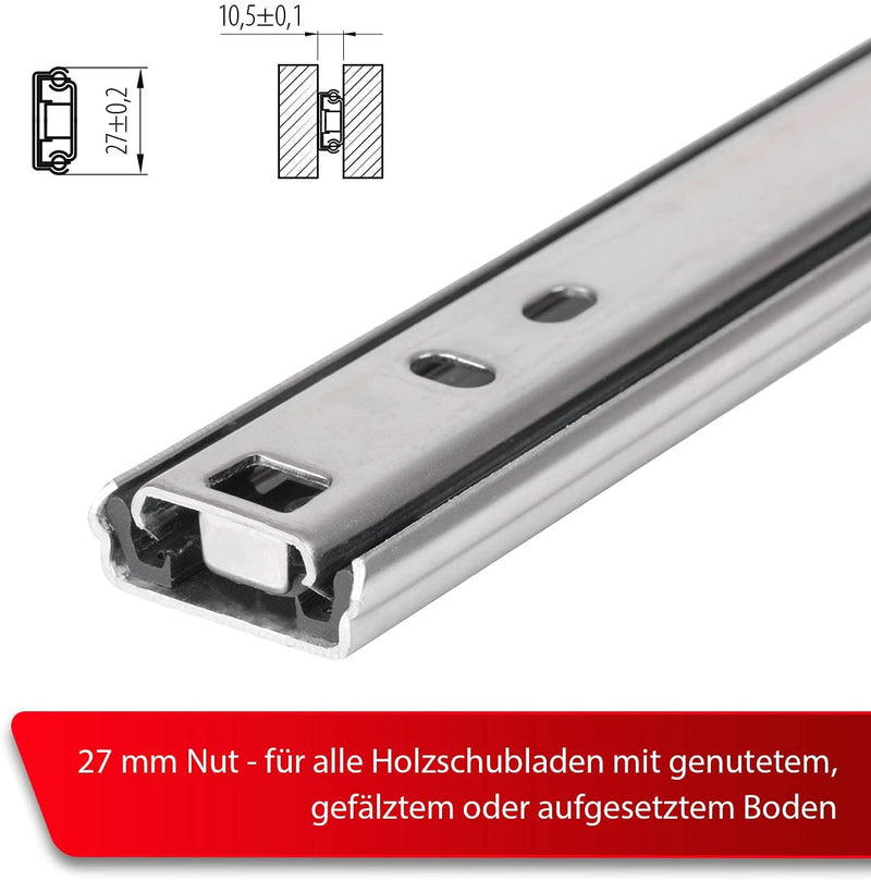 LouMaxx Kugelauszug 2er Set Schubladenschienen 27 mm Nut | 300-400mm Schienen Schublade | Schubladen Schienensystem mit Teilauszug