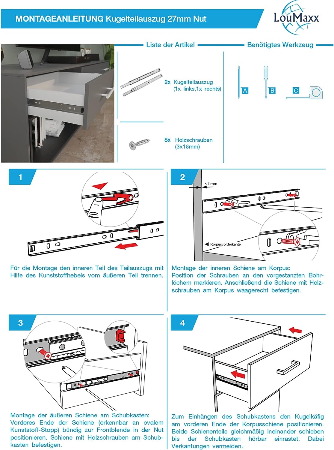 LouMaxx Kugelauszug 2er Set Schubladenschienen 27 mm Nut | 300-400mm Schienen Schublade | Schubladen Schienensystem mit Teilauszug