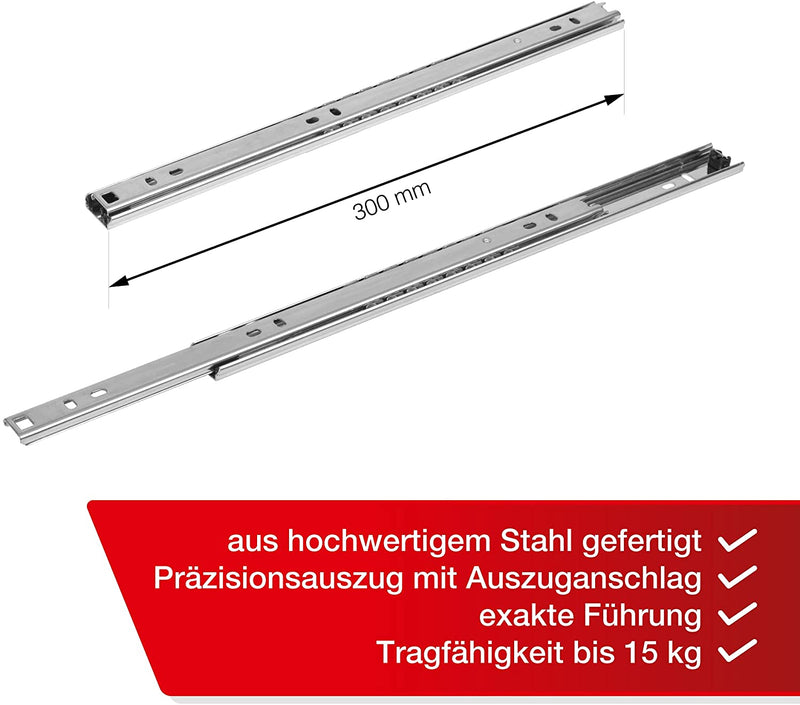 LouMaxx Kugelauszug 2er Set Schubladenschienen 27 mm Nut | 300-400mm Schienen Schublade | Schubladen Schienensystem mit Teilauszug