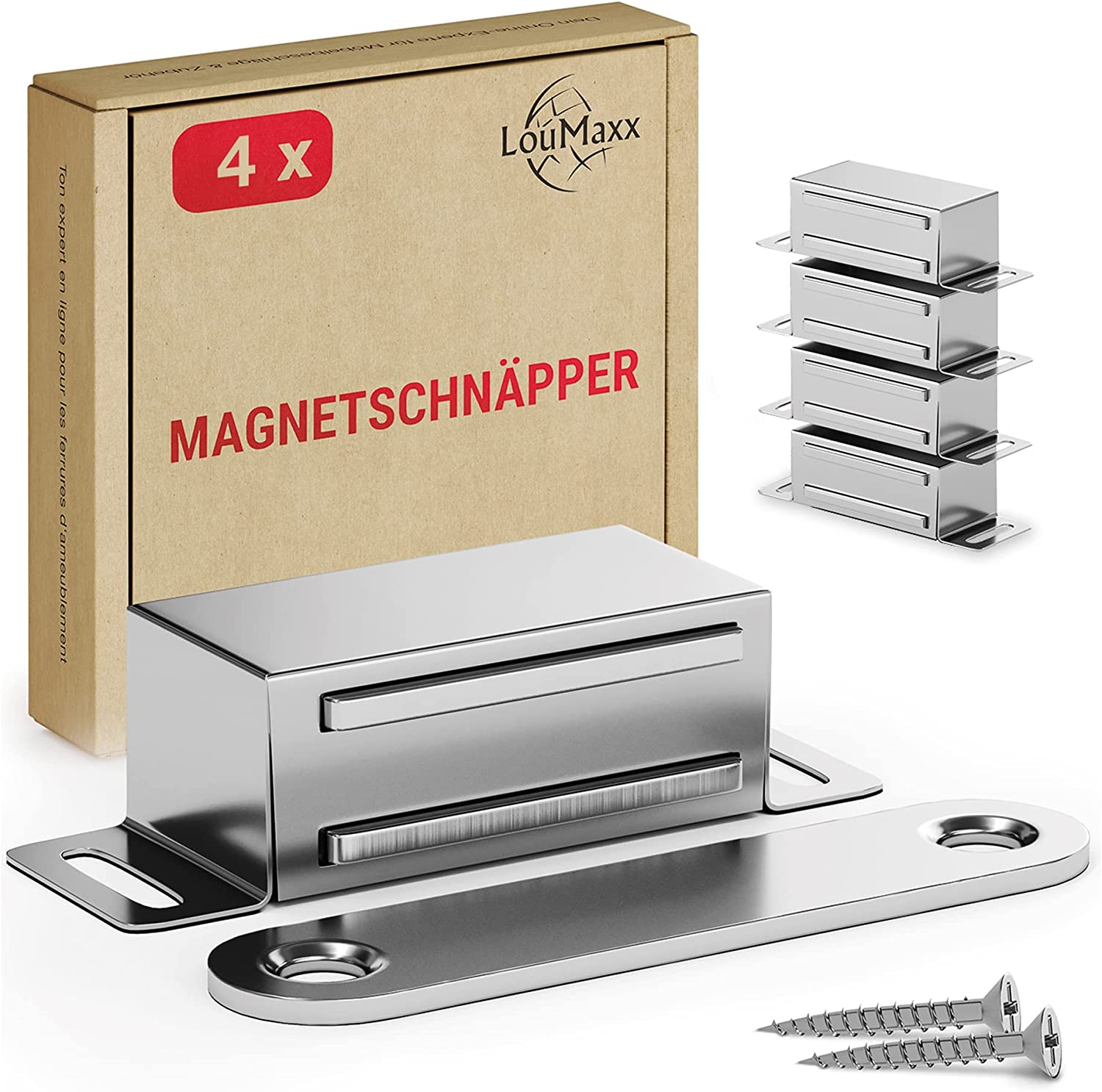 LouMaxx Magnetschnäpper stark - Haltekraft 4kg - 4er Set aus Edelstahl – Türmagnet - Schrankmagnet – Möbelmagnete