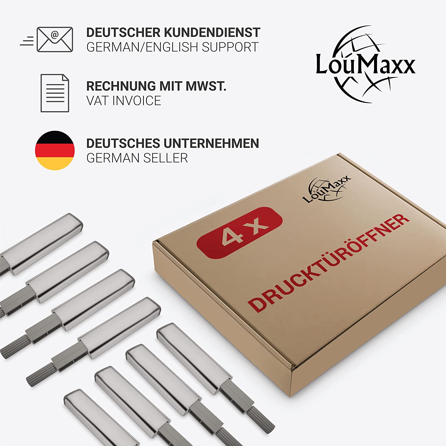 LouMaxx Drucktüröffner – müheloses Öffnen von Schranktüren und Schubladen durch Push to open Türöffner – geeignet für viele Schränke z.B. von Ikea – 4er-Set Drucktüröffner Schrank, vernickelt, mit Neodym Magnet