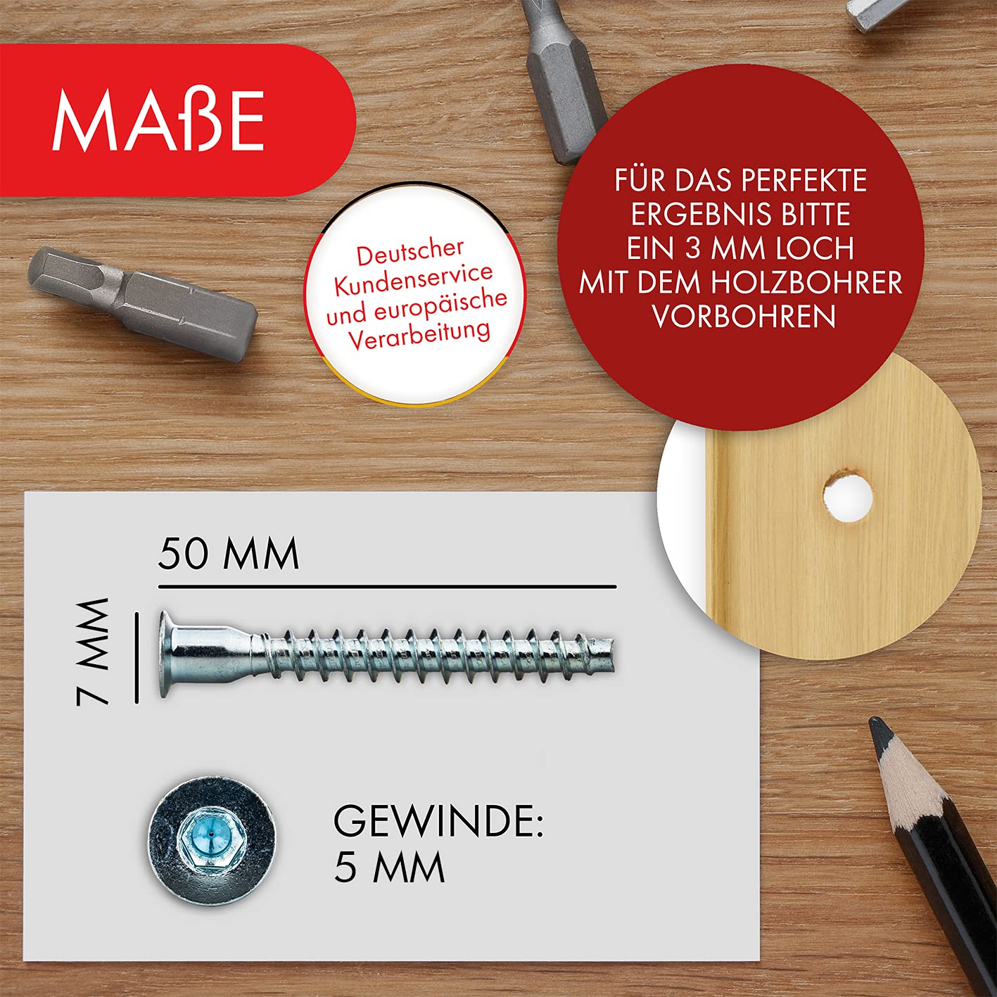 LouMaxx Verbindungsschraube 5 x 50 mm | 50er Set Schrankverbinder Schrauben aus verzinktem Stahl | Confirmat Innensechskant | Möbelschraube mit Senkkopf für eine stabile Verbindung aller Holzbretter