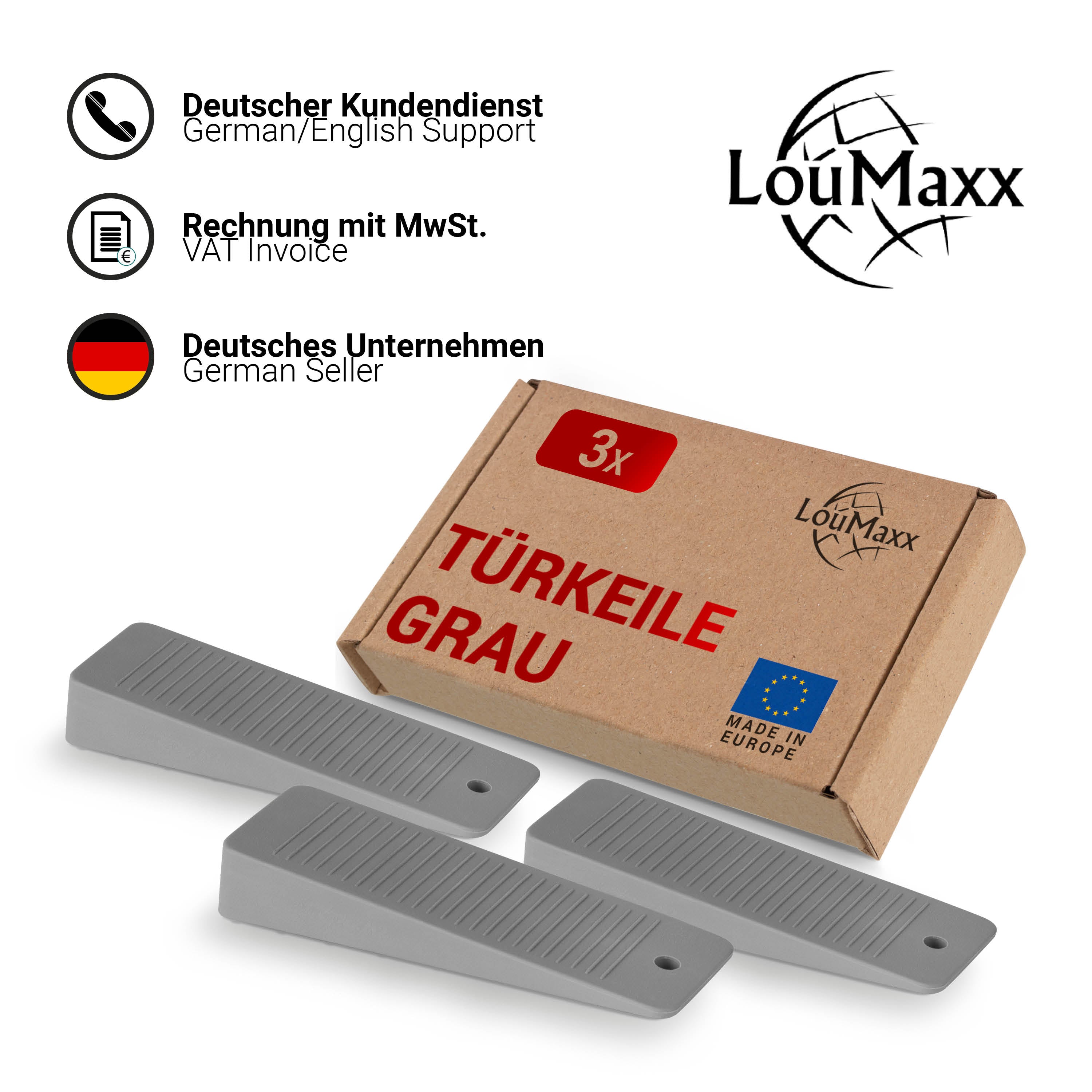 LouMaxx Türkeil - Türstopper Boden 3er Set, grau - Türstopper Keil aus Gummi - Türstopper Gummi - Türkeil Gummi