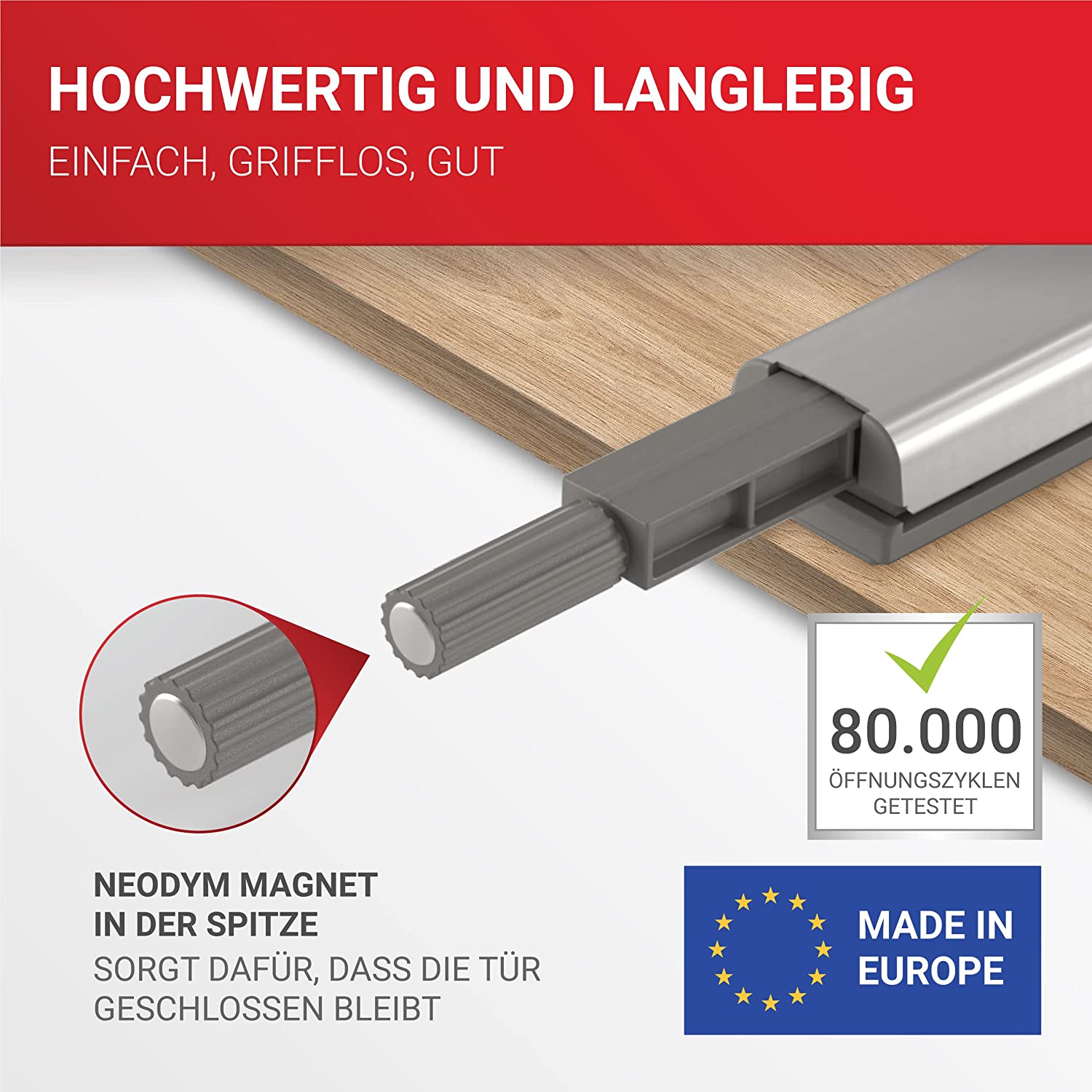 LouMaxx Drucktüröffner – müheloses Öffnen von Schranktüren und Schubladen durch Push to open Türöffner – geeignet für viele Schränke z.B. von Ikea – 4er-Set Drucktüröffner Schrank, vernickelt, mit Neodym Magnet