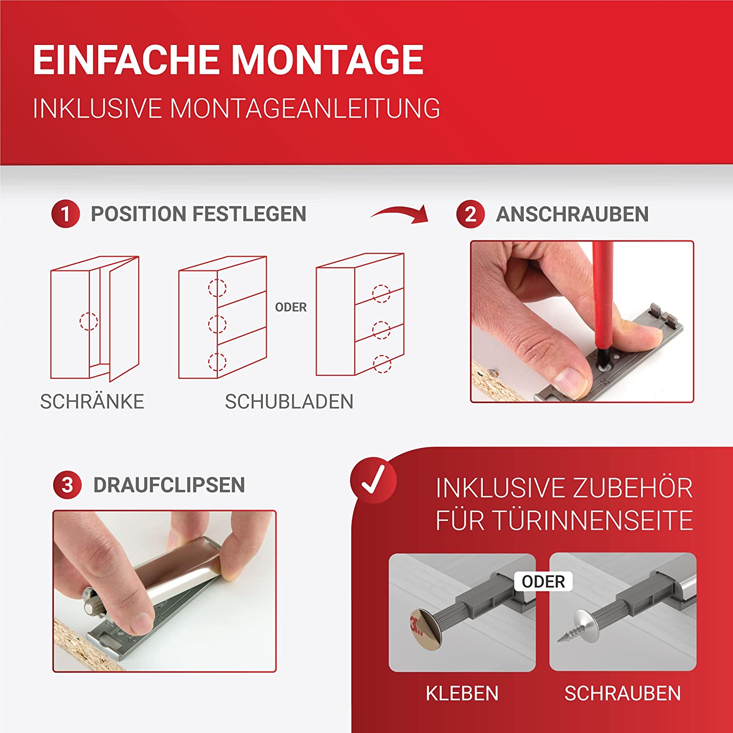 LouMaxx Drucktüröffner – müheloses Öffnen von Schranktüren und Schubladen durch Push to open Türöffner – geeignet für viele Schränke z.B. von Ikea – 4er-Set Drucktüröffner Schrank, vernickelt, mit Neodym Magnet