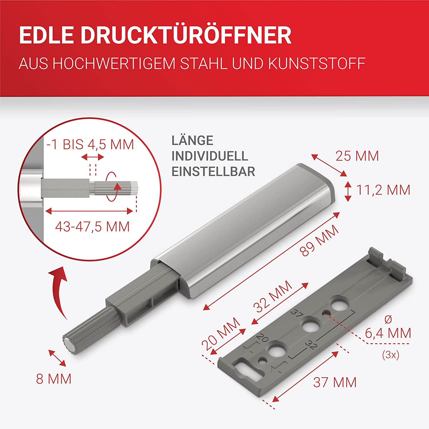 LouMaxx Drucktüröffner – müheloses Öffnen von Schranktüren und Schubladen durch Push to open Türöffner – geeignet für viele Schränke z.B. von Ikea – 4er-Set Drucktüröffner Schrank, vernickelt, mit Neodym Magnet