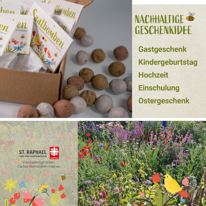 LouMaxx Set aus 10x3 handgemachten Saatbomben, Ostergeschenke Kleinigkeit, Blumensamen als Gastgeschenk, nachhaltige Samen Kinder Mitgebsel, ökologische Pflanzkugeln mit über 50 Arten Blumen & Kräutern