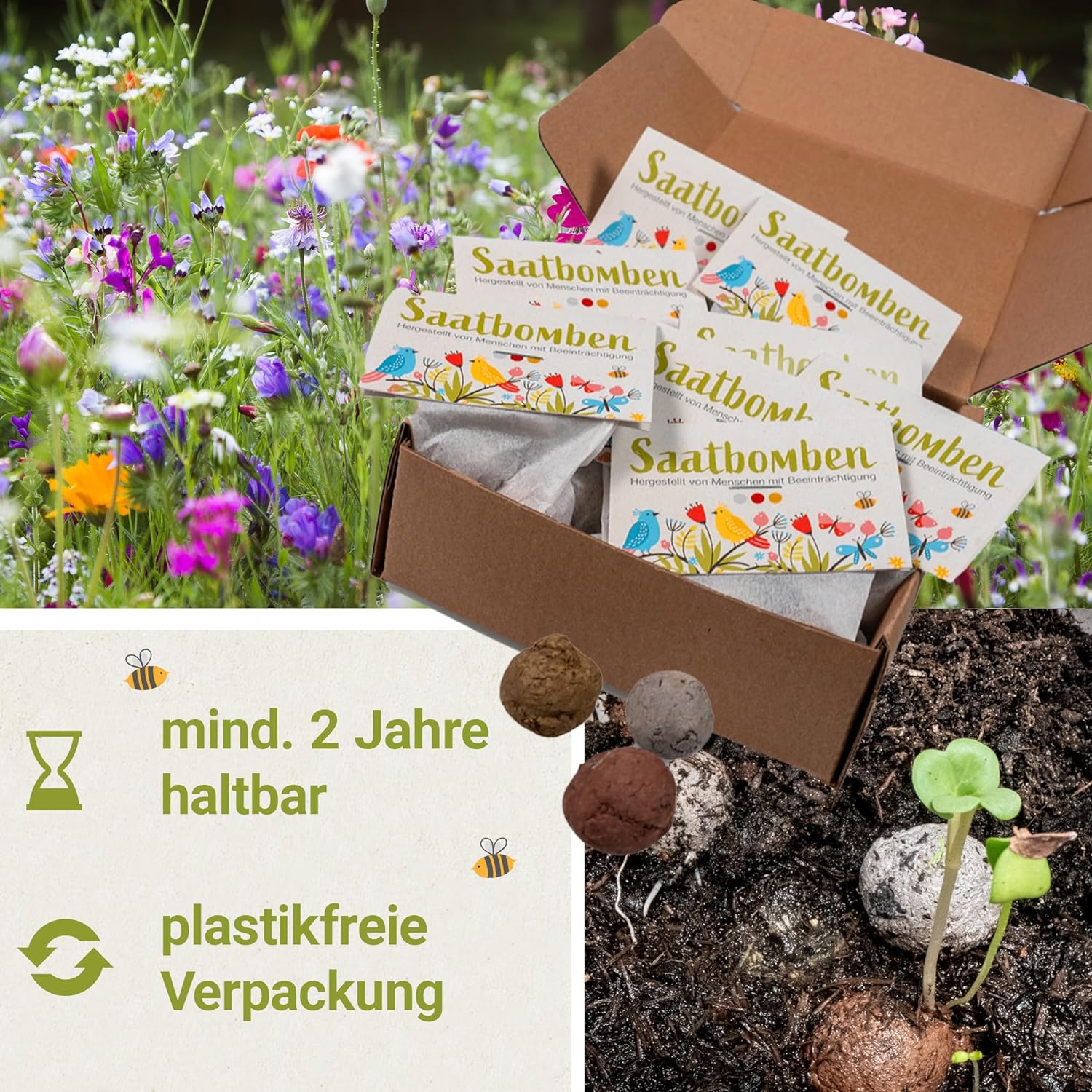 LouMaxx Set aus 10x3 handgemachten Saatbomben, Ostergeschenke Kleinigkeit, Blumensamen als Gastgeschenk, nachhaltige Samen Kinder Mitgebsel, ökologische Pflanzkugeln mit über 50 Arten Blumen & Kräutern