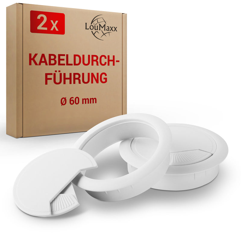 LouMaxx Kabeldurchführung Schreibtisch weiß – 2er Set Kabeldurchlass 60mm Ø - Tisch Kabel Durchführungen aus stabilem Kunststoff - passgenaue Kabellochabdeckung mit stabiler Tisch Kabeldurchführung