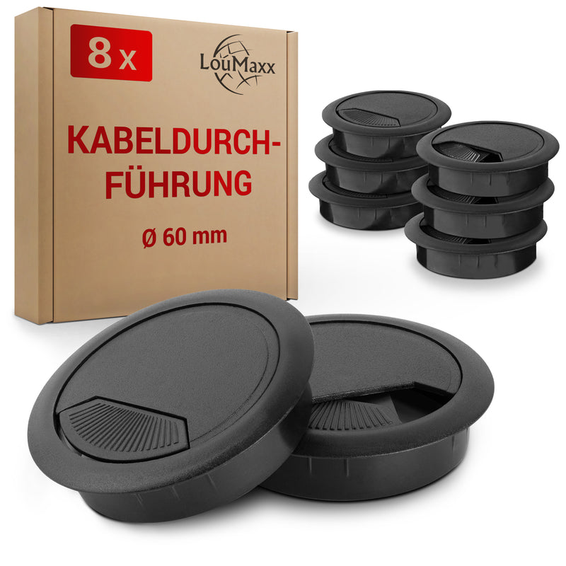 LouMaxx Kabeldurchführung Schreibtisch schwarz – 8er Set Kabeldurchlass 60mm Ø - Tisch Kabel Durchführungen aus stabilem Kunststoff - passgenaue Kabellochabdeckung mit stabiler Tisch Kabeldurchführung