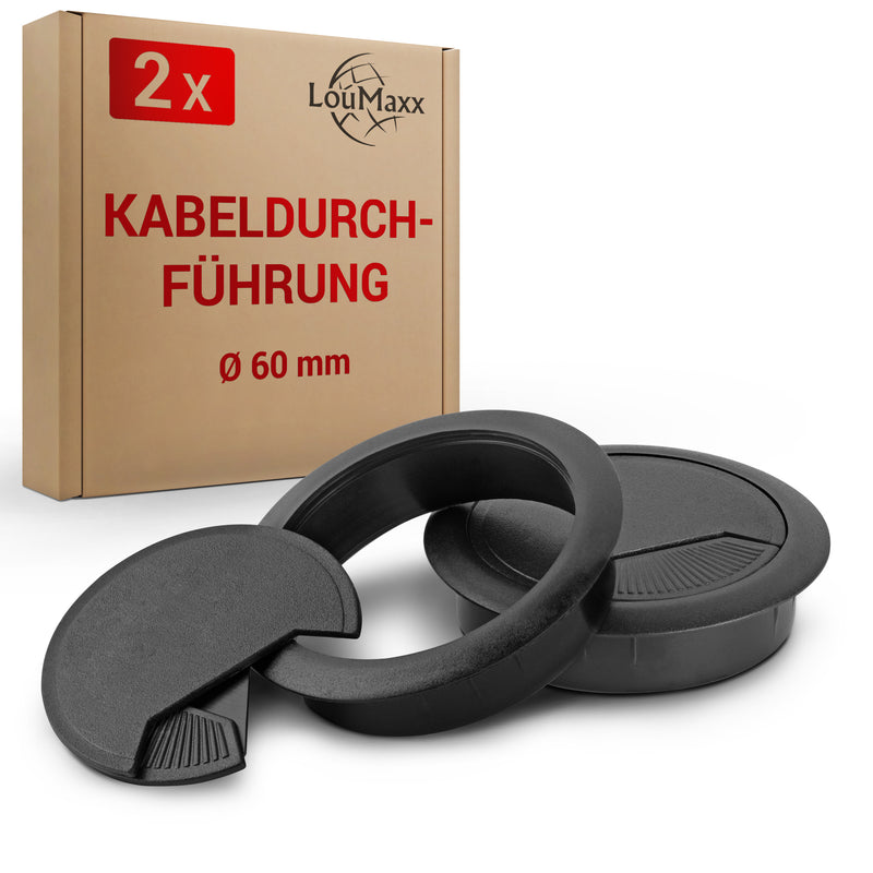 LouMaxx Kabeldurchführung Schreibtisch schwarz – 2er Set Kabeldurchlass 60mm Ø - Tisch Kabel Durchführungen aus stabilem Kunststoff - passgenaue Kabellochabdeckung mit stabiler Tisch Kabeldurchführung