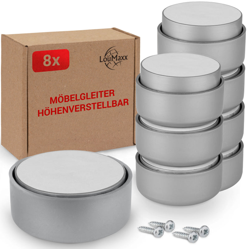 LouMaxx Möbelfüße höhenverstellbar– Füße für Möbel Ø 53,5 mm aus Kunststoff – Hochwertige Möbelerhöhung zum Kleben oder Schrauben – 8er Set Gleitfüße in Silber inkl. Montagematerial