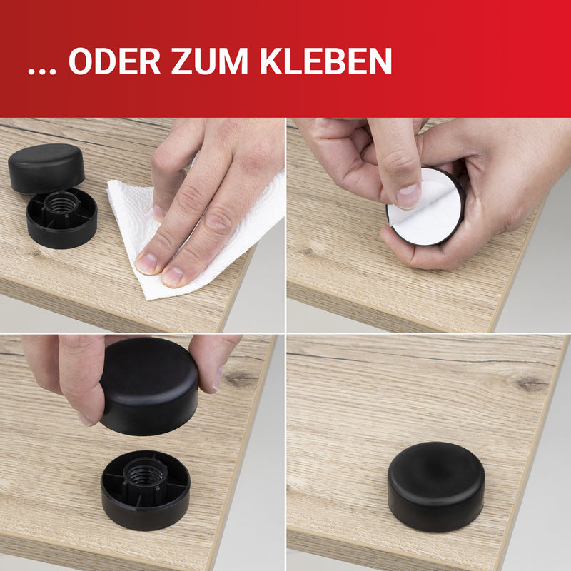 LouMaxx Möbelfüße höhenverstellbar– Füße für Möbel Ø 53,5 mm aus Kunststoff – Hochwertige Möbelerhöhung zum Kleben oder Schrauben – 8er Set Gleitfüße in Schwarz inkl. Montagematerial