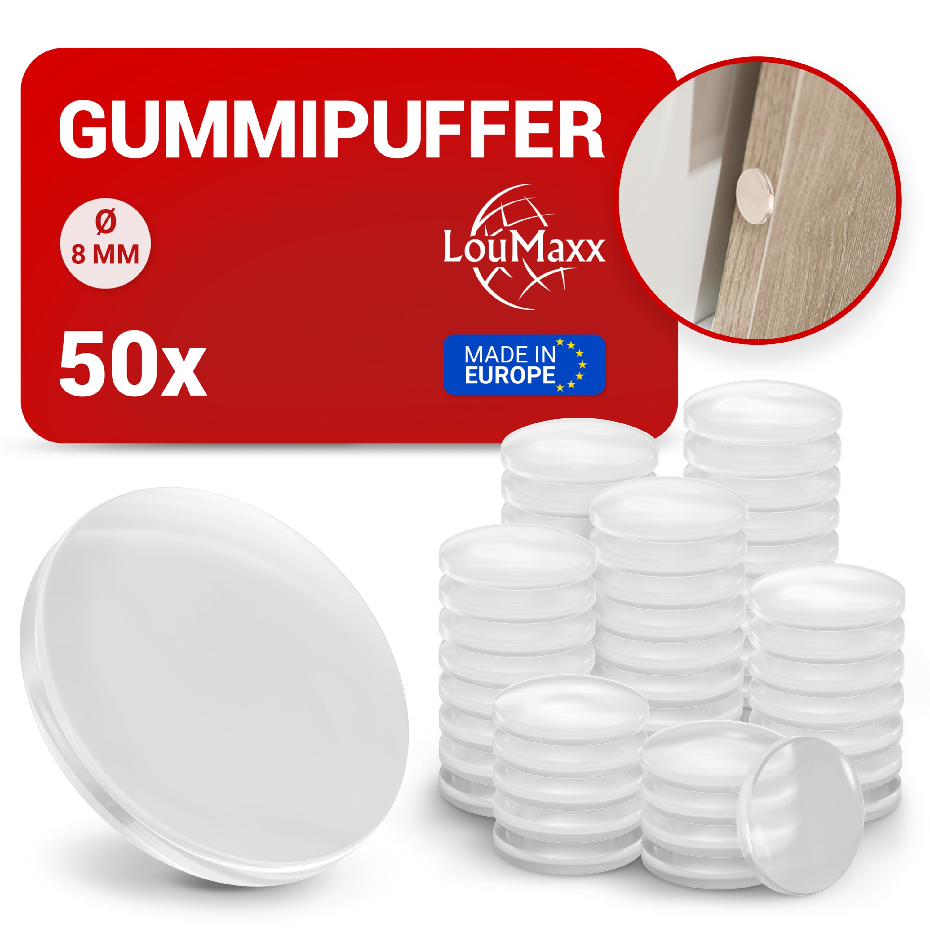 LouMaxx Gummipuffer - 50x Puffer transparent 8mm Ø - Gumminoppen für Glasplatten – Elastikpuffer transparent selbstklebend