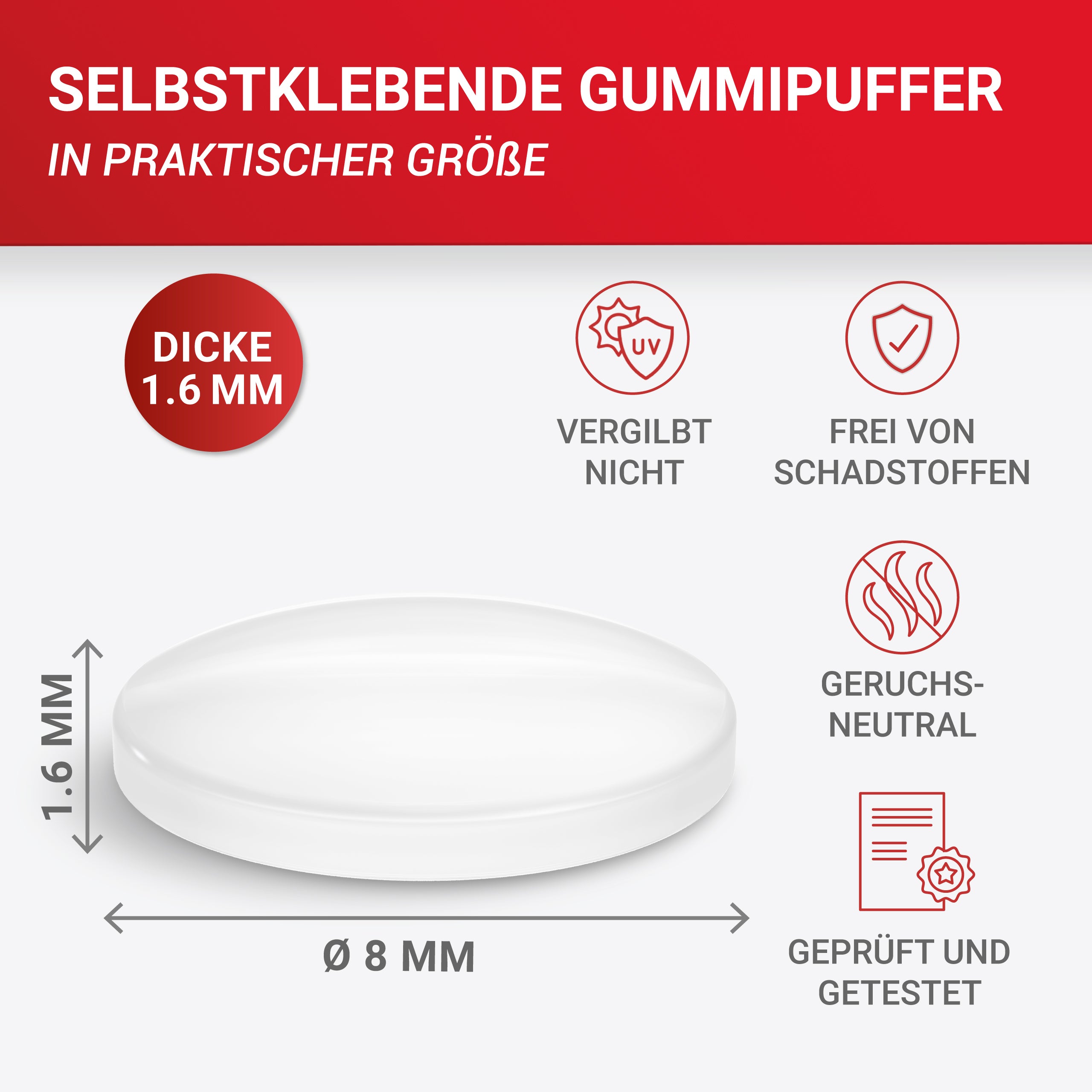 LouMaxx Gummipuffer - 50x Puffer transparent 8mm Ø - Gumminoppen für Glasplatten – Elastikpuffer transparent selbstklebend