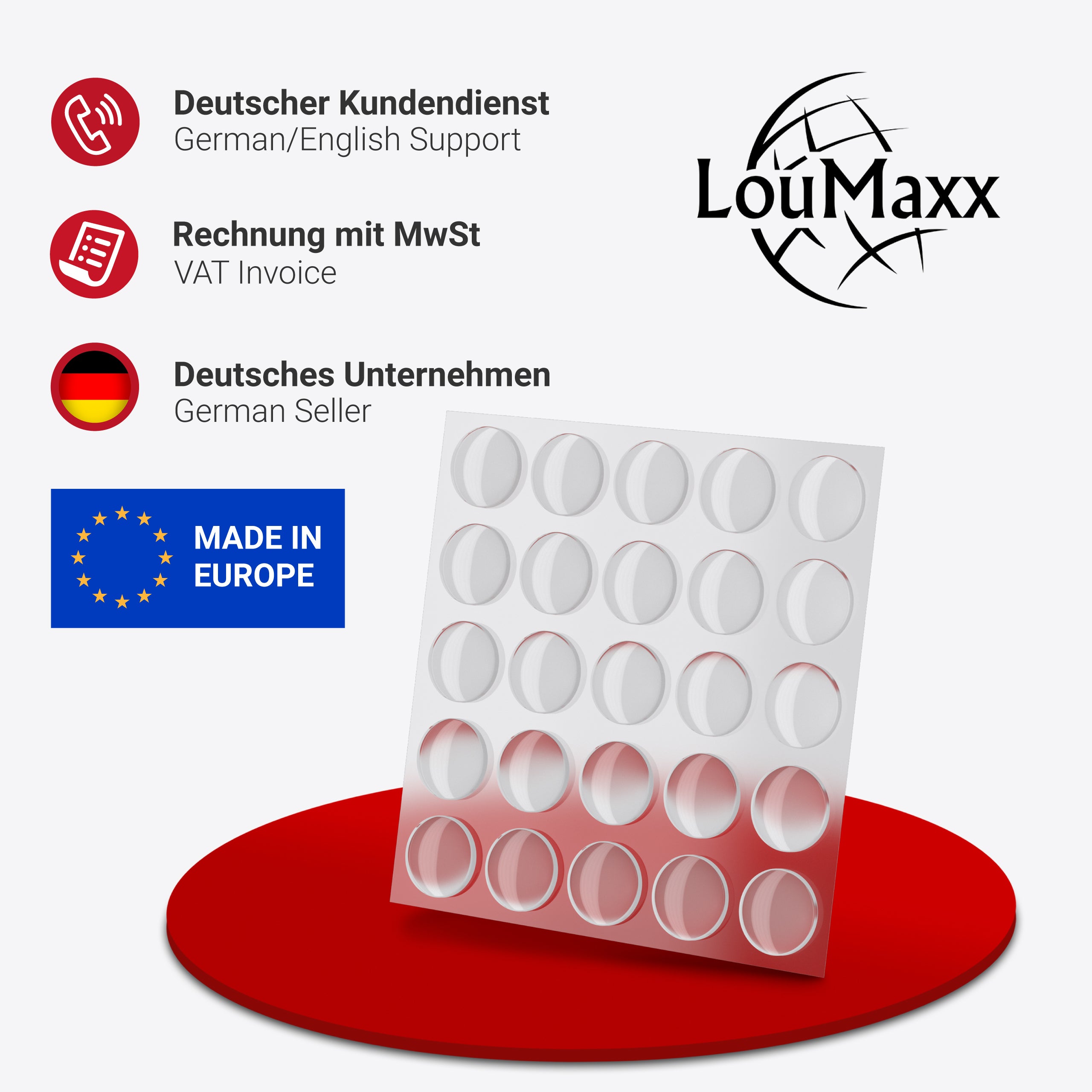 LouMaxx Gummipuffer - 50x Puffer transparent 8mm Ø - Gumminoppen für Glasplatten – Elastikpuffer transparent selbstklebend