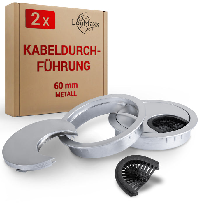 LouMaxx Kabeldurchführung 60mm Ø - 2er-Set Metall matt Chrom Kabeldurchführung Schreibtisch mit Staubdichtung - Für mehr Ordnung und Übersicht
