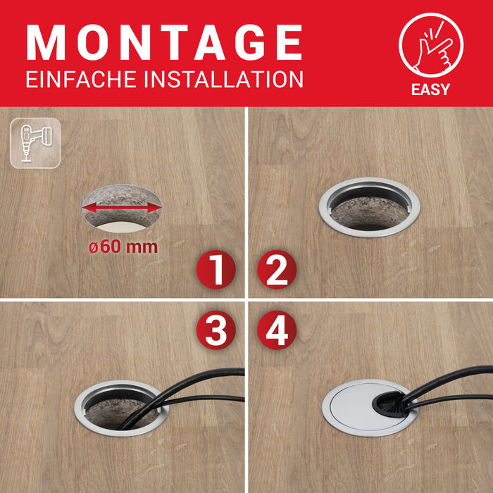 LouMaxx Kabeldurchführung 60mm Ø - 2er-Set Metall matt Chrom Kabeldurchführung Schreibtisch mit Staubdichtung - Für mehr Ordnung und Übersicht