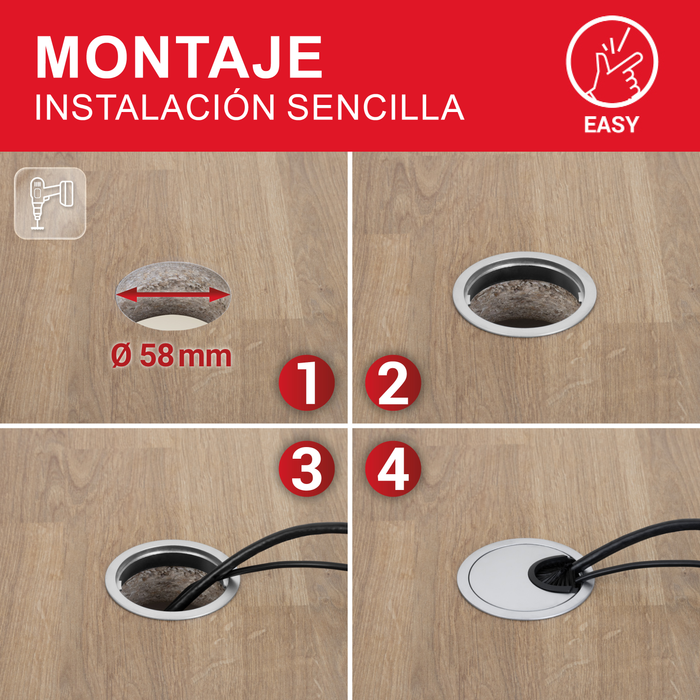 LouMaxx Kabeldurchführung 58mm Ø - 2er-Set Metall matt Chrom Kabeldurchführung Schreibtisch mit Staubdichtung - Für mehr Ordnung und Übersicht