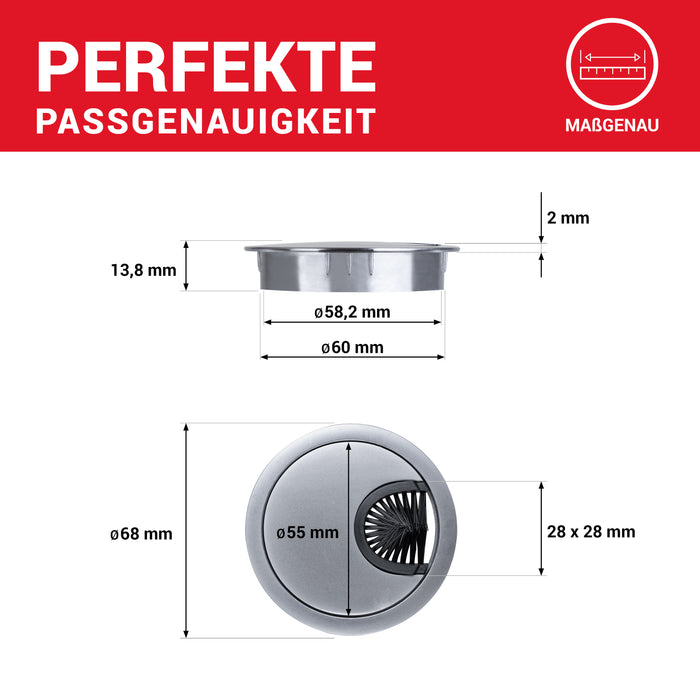 LouMaxx Kabeldurchführung 60mm Ø - 2er-Set Metall matt Chrom Kabeldurchführung Schreibtisch mit Staubdichtung - Für mehr Ordnung und Übersicht