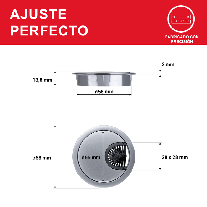 LouMaxx Kabeldurchführung 58mm Ø - 2er-Set Metall matt Chrom Kabeldurchführung Schreibtisch mit Staubdichtung - Für mehr Ordnung und Übersicht