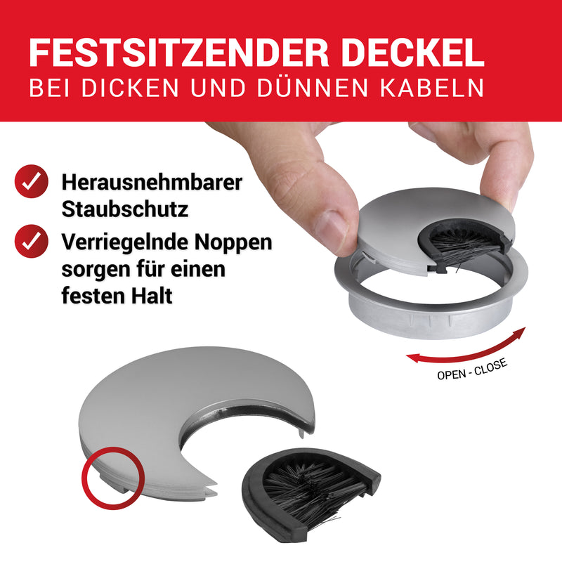 LouMaxx Kabeldurchführung 58mm Ø - 2er-Set Metall matt Chrom Kabeldurchführung Schreibtisch mit Staubdichtung - Für mehr Ordnung und Übersicht